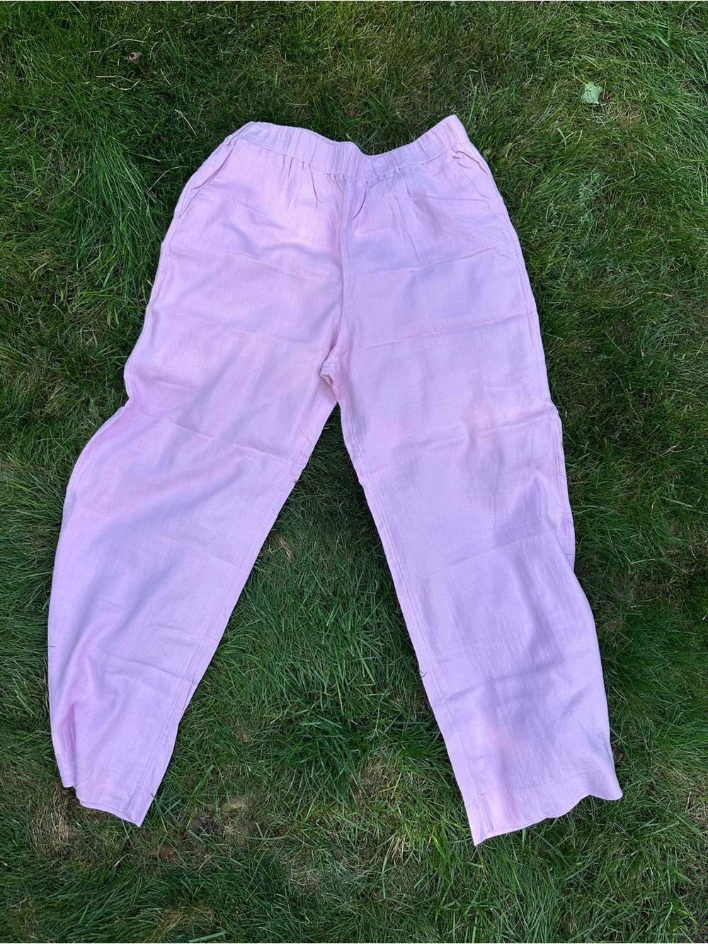 Lightweight Linen Blend Elastic-Waist Pink Pants